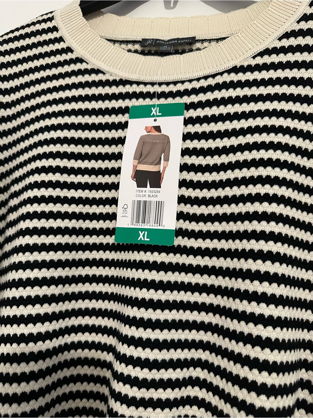 Adrianna Papell Black and Cream Striped Scallop-Hem Crewneck Sweater - Picture 2 of 6